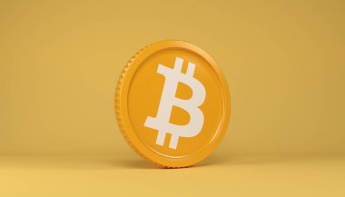 Turuncu arka planda şifreli Bitcoin (BTC) logosu olan yuvarlak bir madeni paranın 3d yorumlanması - iş konsepti.