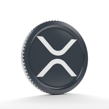 Beyaz zemin üzerinde şifreleme dalgalanması (XRP) logosu olan yuvarlak bir madeni paranın 3d yorumlanması - iş konsepti.