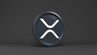 Siyah zemin üzerinde şifreli para dalgalanması (XRP) logosu olan yuvarlak bir madeni paranın 3d yorumlanması - iş konsepti.