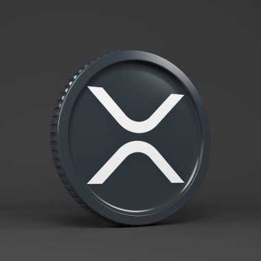 Siyah zemin üzerinde şifreli para dalgalanması (XRP) logosu olan yuvarlak bir madeni paranın 3d yorumlanması - iş konsepti.