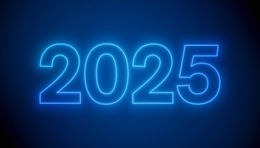 Soyut neon ışıkların, koyu arkaplan üzerinde mavi ile 2025 rakamlarının yer aldığı tasviri - yeni yılı temsil ediyor - tatil kavramı.