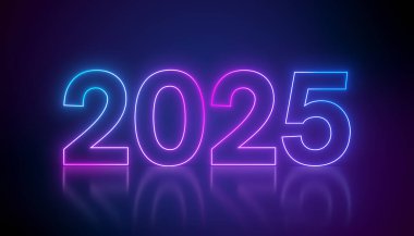 Yansıtıcı bir zeminde koyu arkaplan üzerine mavi ve morumsu 2025 sayılı soyut neon ışıkların çizimi - yeni yılı temsil ediyor - tatil kavramı.
