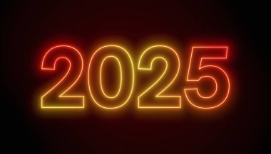 Soyut neon lambaların koyu arkaplan üzerinde kırmızı ve sarı 2025 rakamlarıyla resmedilmesi - yeni yılı temsil ediyor - tatil kavramı.