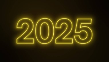 Soyut neon lambaların koyu arkaplan üzerinde sarı ile 2025 rakamlarının yer aldığı tasviri - yeni yılı temsil ediyor - tatil kavramı.
