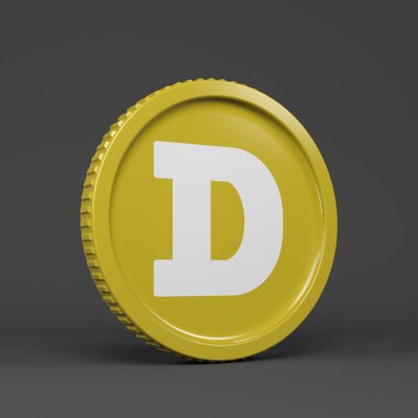 Siyah arka planda şifreli para biriminin (DOGE) logosuna sahip yuvarlak bir madeni paranın 3d yorumlanması - iş konsepti.