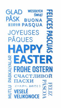 Vertical illustration of Happy Easter message in different languages - keywords cloud with blue text on white background - vacation concept