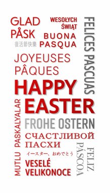 Vertical illustration of Happy Easter message in different languages - keywords cloud with red and grey text on white background - vacation concept