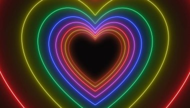 Koyu arkaplanda neon gökkuşağı renginde birçok kalbin çizimi - soyut arkaplan.