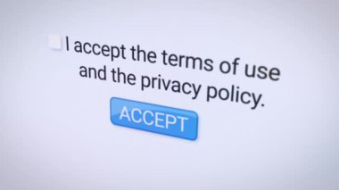 Kullanım koşulları ve gizlilik politikası ile kabul düğmesi ve onay için bir onay kutusuna sahip bir web sitesinin video animasyonu.