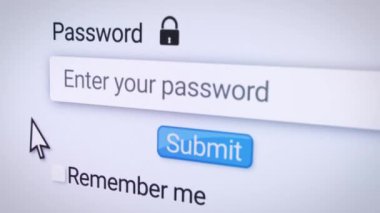 İnternet tarayıcısındaki bir web sitesinin giriş sayfasında bir parolayı form alanına girmenin video animasyonu. Şifre giriliyor - pin kodu.