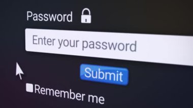 İnternet tarayıcısındaki bir web sitesinin giriş sayfasında bir parolayı form alanına girmenin video animasyonu. Şifre giriliyor - pin kodu.