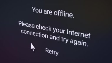 Çevrimdışı olduğunuz notlu bir web sitesinin video animasyonu - lütfen internet bağlantınızı kontrol edin ve tekrar deneyin - hata iletisi.