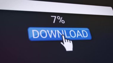 Mavi indirme düğmesi olan bir web sitesinin video animasyonu. Gerçek zamanlı olarak veri indirme yüzdeleriyle ilgili bilgileri gösteren bir bilgisayar monitörü.