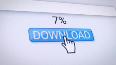 Mavi indirme düğmesi olan bir web sitesinin video animasyonu. Gerçek zamanlı olarak veri indirme yüzdeleriyle ilgili bilgileri gösteren bir bilgisayar monitörü.