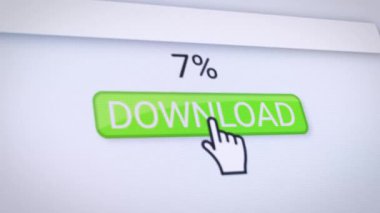 Yeşil indirme düğmesi olan bir web sitesinin video animasyonu. Gerçek zamanlı olarak veri indirme yüzdeleriyle ilgili bilgileri gösteren bir bilgisayar monitörü.