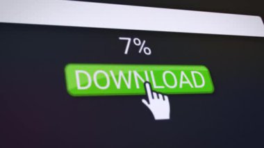Yeşil indirme düğmesi olan bir web sitesinin video animasyonu. Gerçek zamanlı olarak veri indirme yüzdeleriyle ilgili bilgileri gösteren bir bilgisayar monitörü.