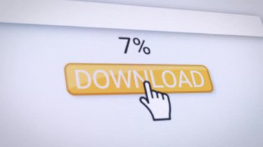 Turuncu indirme düğmesi olan bir web sitesinin video animasyonu. Gerçek zamanlı olarak veri indirme yüzdeleriyle ilgili bilgileri gösteren bir bilgisayar monitörü.
