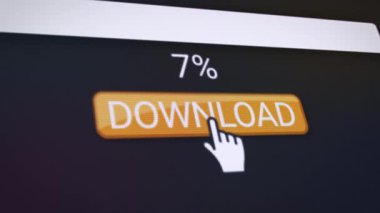 Turuncu indirme düğmesi olan bir web sitesinin video animasyonu. Gerçek zamanlı olarak veri indirme yüzdeleriyle ilgili bilgileri gösteren bir bilgisayar monitörü.