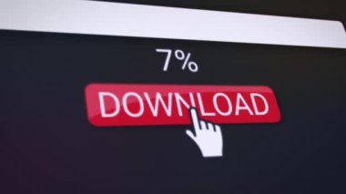 Kırmızı indirme düğmesi olan bir web sitesinin video animasyonu. Gerçek zamanlı olarak veri indirme yüzdeleriyle ilgili bilgileri gösteren bir bilgisayar monitörü.