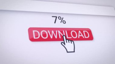 Kırmızı indirme düğmesi olan bir web sitesinin video animasyonu. Gerçek zamanlı olarak veri indirme yüzdeleriyle ilgili bilgileri gösteren bir bilgisayar monitörü.