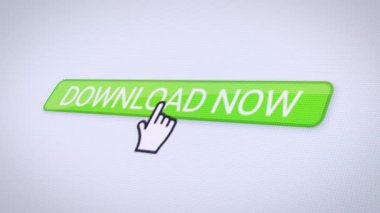 Yeşil indirme düğmesi olan bir web sitesinin video animasyonu. Verilerin indirilmesiyle ilgili bilgileri gösteren bir bilgisayar monitörü.