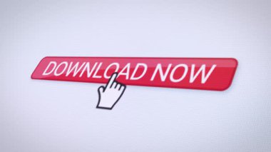 Kırmızı indirme düğmesi olan bir web sitesinin video animasyonu. Verilerin indirilmesiyle ilgili bilgileri gösteren bir bilgisayar monitörü.