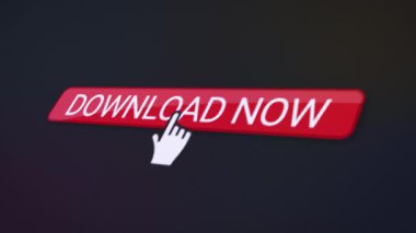 Kırmızı indirme düğmesi olan bir web sitesinin video animasyonu. Verilerin indirilmesiyle ilgili bilgileri gösteren bir bilgisayar monitörü.