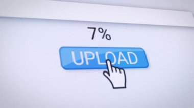 Mavi yükleme düğmesi olan bir web sitesinin video animasyonu. Gerçek zamanlı olarak veri indirme yüzdeleriyle ilgili bilgileri gösteren bir bilgisayar monitörü.