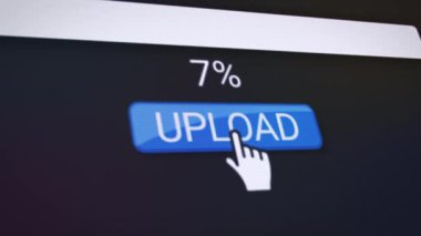 Mavi yükleme düğmesi olan bir web sitesinin video animasyonu. Gerçek zamanlı olarak veri indirme yüzdeleriyle ilgili bilgileri gösteren bir bilgisayar monitörü.