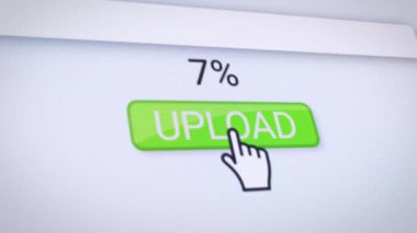 Yeşil yükleme düğmesi olan bir web sitesinin video animasyonu. Gerçek zamanlı olarak veri indirme yüzdeleriyle ilgili bilgileri gösteren bir bilgisayar monitörü.