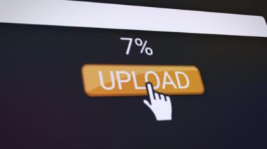 Turuncu yükleme düğmesi olan bir web sitesinin video animasyonu. Gerçek zamanlı olarak veri indirme yüzdeleriyle ilgili bilgileri gösteren bir bilgisayar monitörü.