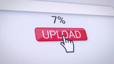 Kırmızı yükleme düğmesi olan bir web sitesinin video animasyonu. Gerçek zamanlı olarak veri indirme yüzdeleriyle ilgili bilgileri gösteren bir bilgisayar monitörü.