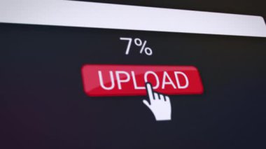 Kırmızı yükleme düğmesi olan bir web sitesinin video animasyonu. Gerçek zamanlı olarak veri indirme yüzdeleriyle ilgili bilgileri gösteren bir bilgisayar monitörü.