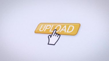 Turuncu yükleme düğmesi olan bir web sitesinin video animasyonu. Verilerin yüklenmesiyle ilgili bilgileri gösteren bir bilgisayar monitörü.