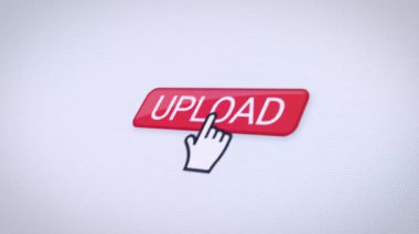 Kırmızı yükleme düğmesi olan bir web sitesinin video animasyonu. Verilerin yüklenmesiyle ilgili bilgileri gösteren bir bilgisayar monitörü.