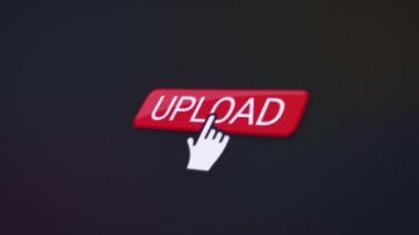 Kırmızı yükleme düğmesi olan bir web sitesinin video animasyonu. Verilerin yüklenmesiyle ilgili bilgileri gösteren bir bilgisayar monitörü.