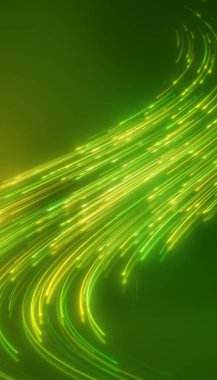 Zemini yansıtan yeşil ve sarı renkli parlayan neon çizgilerin dikey illüstrasyonu - soyut arkaplan.