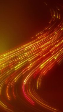 Zemini yansıtan kırmızı ve sarı renkli parlayan neon çizgilerin dikey video animasyonu - soyut arkaplan.