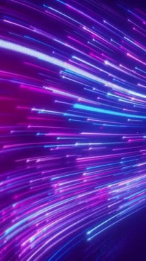 Yansıyan zeminde mavi ve morumsu parlak neon çizgilerin dikey video animasyonu - soyut arkaplan.
