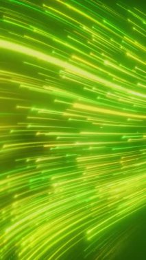 Zemini yansıtan yeşil ve sarı renkli parlayan neon çizgilerin dikey video animasyonu - soyut arkaplan.