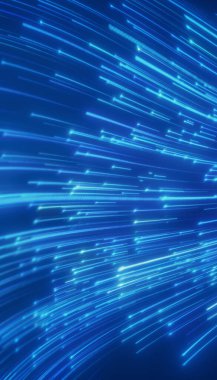 Döşemeyi yansıtan mavi renkte parlayan neon çizgilerin dikey çizimi - soyut arkaplan.