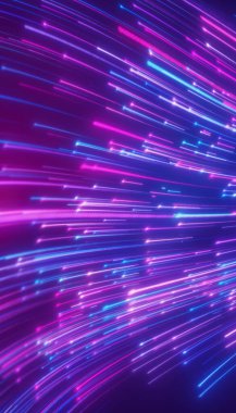 Döşemeyi yansıtan mavi ve mor renkte parlayan neon çizgilerin dikey çizimi - soyut arkaplan.