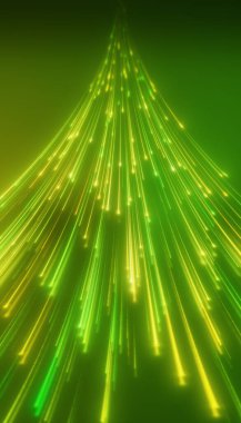 Zemini yansıtan yeşil ve sarı renkli parlayan neon çizgilerin dikey illüstrasyonu - soyut arkaplan.