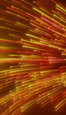 Yansıyan zeminde kırmızı ve sarı renkli parlayan neon çizgilerin dikey çizimi - soyut arkaplan.