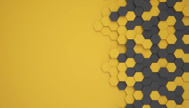 Sarı arkaplan üzerinde siyah ve sarı altıgenlerin 3d yorumlanması - soyut arkaplan - duvar kağıdı - arkaplan