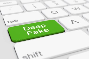 Beyaz bir klavyenin 3D görüntülemesi üzerinde derin sahte mesaj olan kırmızı bir tuş.