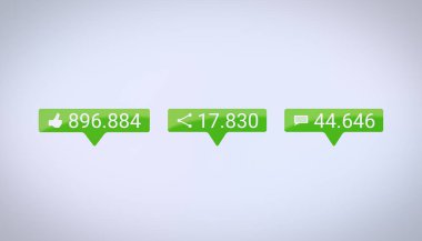 Benzer, Paylaşım ve Yorumlar düğmesinin beyaz arkaplandaki sayı sayısının artması - sosyal medya tepki düğmeleri.