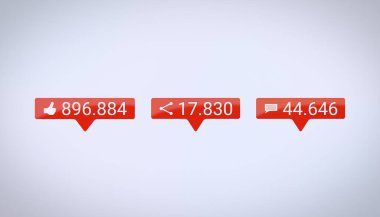 Benzer, Paylaş ve Yorumlar düğmesinin beyaz arkaplandaki sayı sayısının artması - sosyal medya tepki düğmeleri.