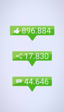 Benzer, Paylaş ve Yorumlar düğmesinin beyaz arkaplandaki sayı sayısının artmasıyla birlikte dikey gösterimi - sosyal medya tepki düğmeleri.