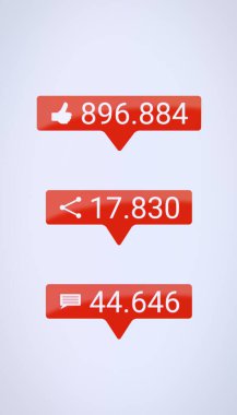 Beyaz arkaplandaki sayı sayısının artmasıyla birlikte kırmızı tonda Sevgi, Paylaş ve Yorumlar düğmesinin dikey gösterimi - sosyal medya tepki düğmeleri.